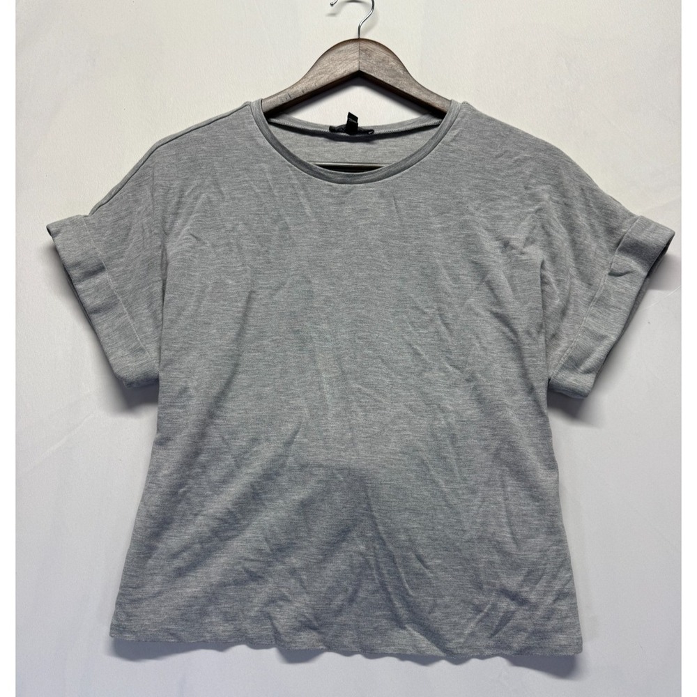 Express Blouse Top Womens Small‎ Gray Stretch Cuffed Sleeve Built in Tie Wrap